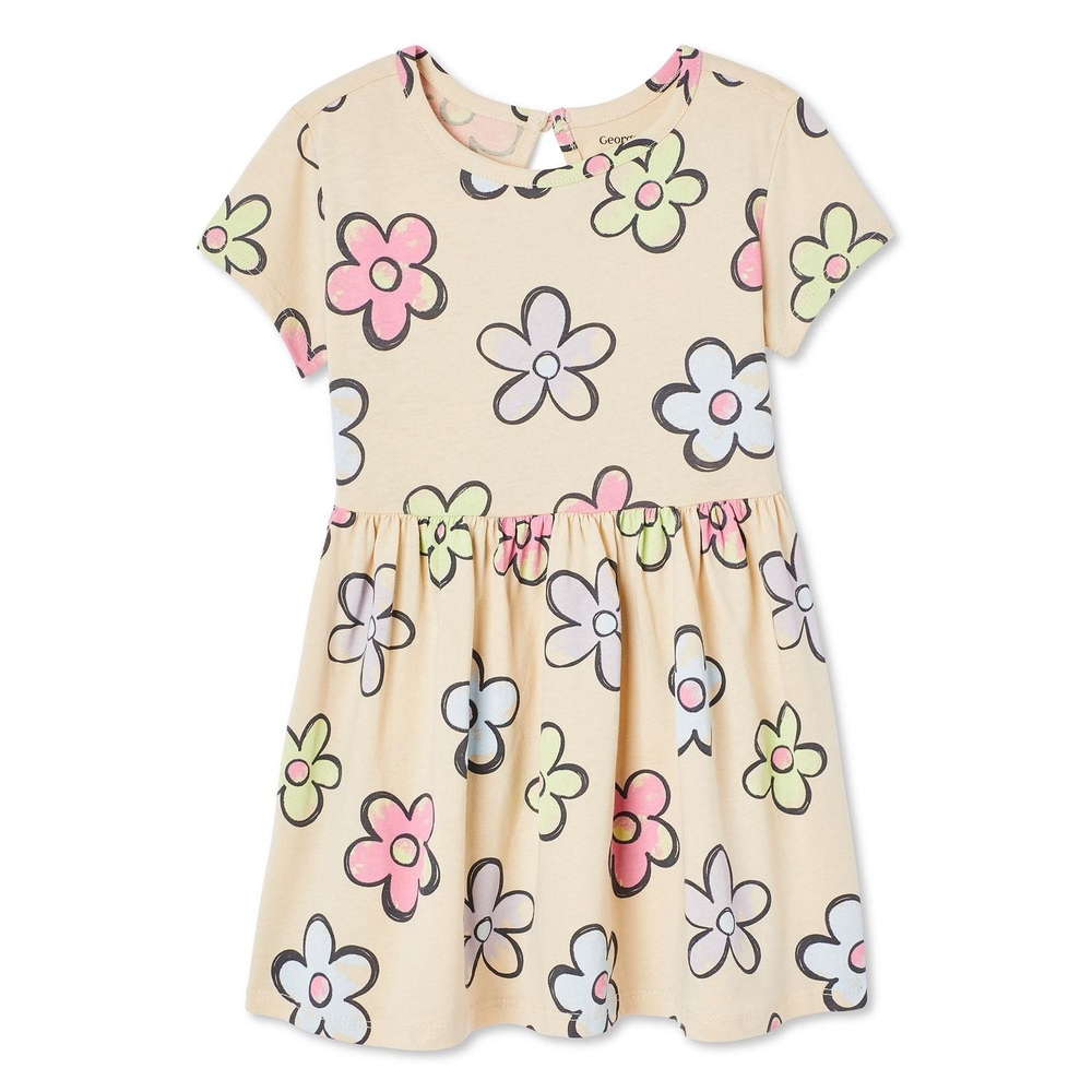 George Toddler Girls' Short Sleeve Dress, Floral Crayon Theme Beige 1 Pcs Dress